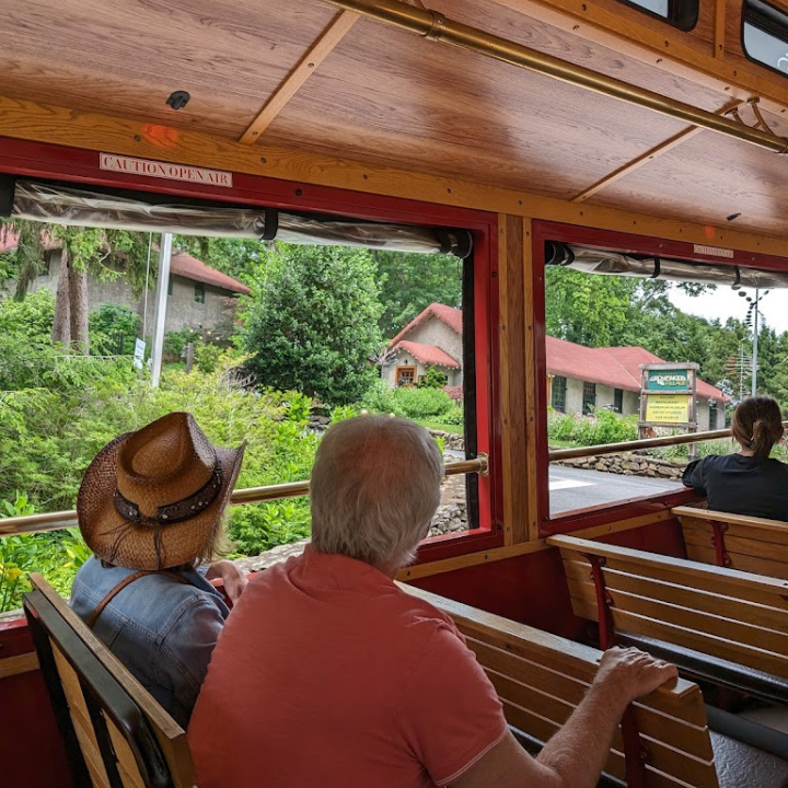 Elderly couple seating on a trolly bus